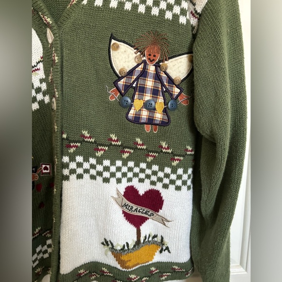 Vintage Sweater - The Quacker Factory. Size small. Green garden angels/buttons - Picture 2 of 9